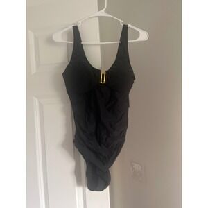 Black‎ One Piece Swimsuit Gold Accent Ruched Tummy Control Womens